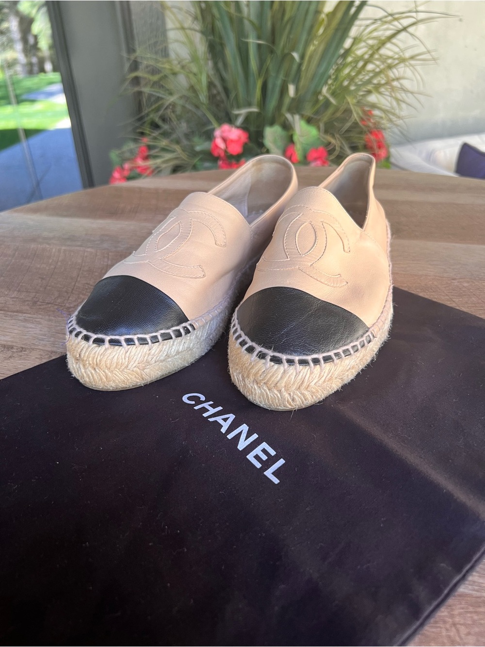 CHANEL Beige and Black Leather Espadrille Flats